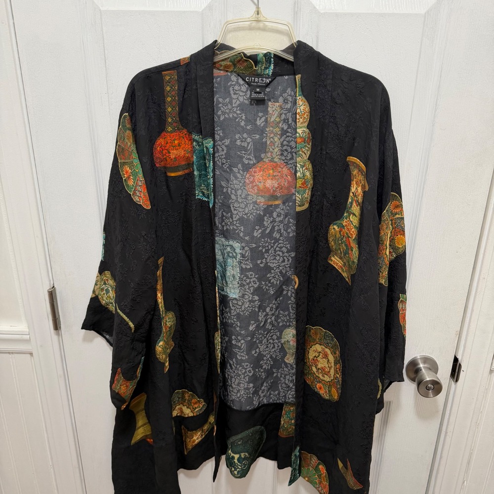 Citron  Black Floral Pattern Open Front Kimono Cardigan